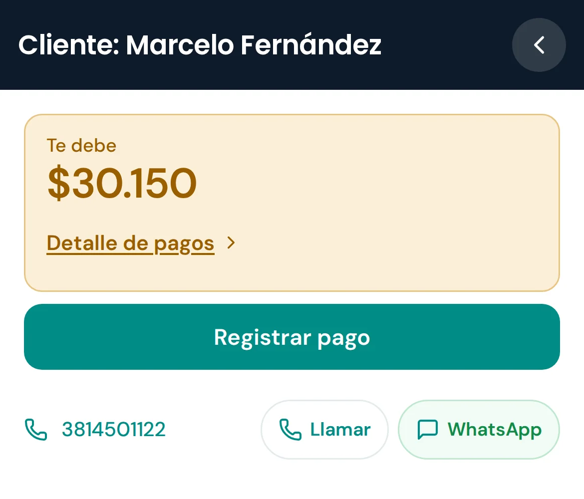 La ficha de un cliente: cuánto debe, el detalle de sus pagos y el botón para registrar uno nuevo.