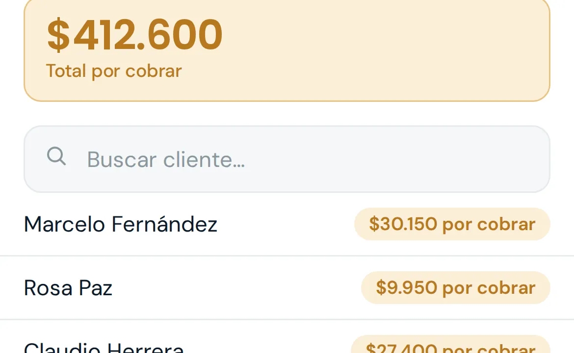 Pantalla de clientes con el total por cobrar y, debajo, cada cliente con lo que debe o la marca de que está al día